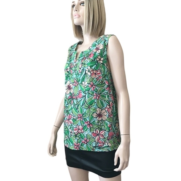 TALBOTS Floral Print Blouse Top Cotton Green Watermelon Sleeveless Tunic Tank - Picture 6 of 16